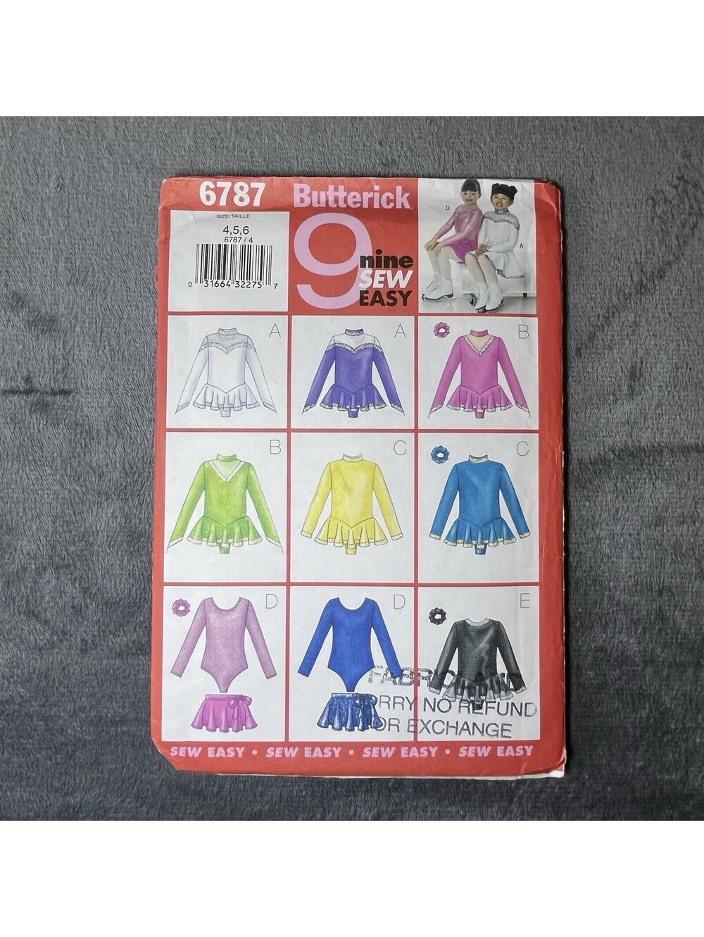 Butterick 6787 Skating Bodysuit, Skirt & Ponytail Holder Pattern - VNT Sz 4,5,6